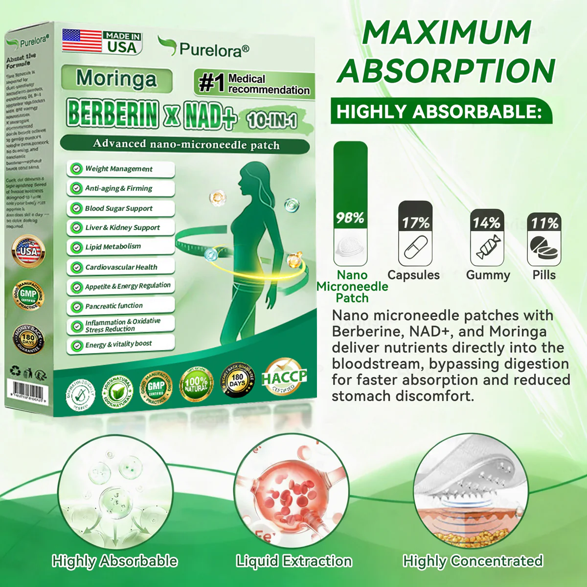 ⭐ Top Rated | Purelora® Moringa Berberine × NAD⁺ 10-in-1 Nano Microneedle Patch (Just once daily, visible changes in 7 days) ✅ Supports weight management, loose skin, diabetes care, sleep apnea, joint comfort, and more - Image 11