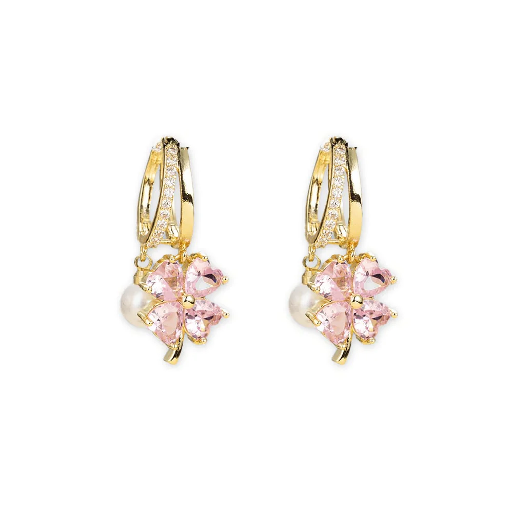 🔔 In High Demand丨Germanium Earrings Lymphatic Magnetotherapy for Weight Loss Purple Crystal Four-Leaf Flower Pearl New Light Luxury Ear Accessor